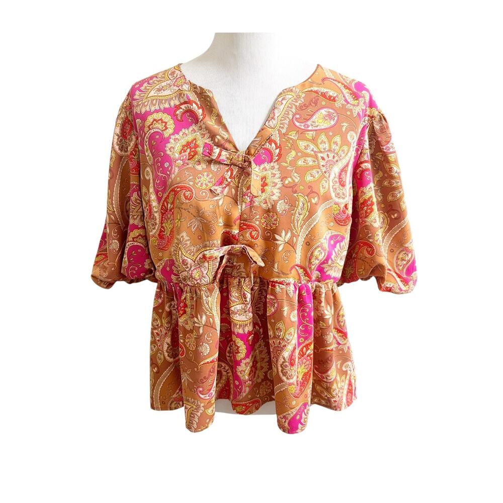 Cato Peplum Blouse Womens XL Orange Paisley Balloon Sleeve V-Neck Tie Detail